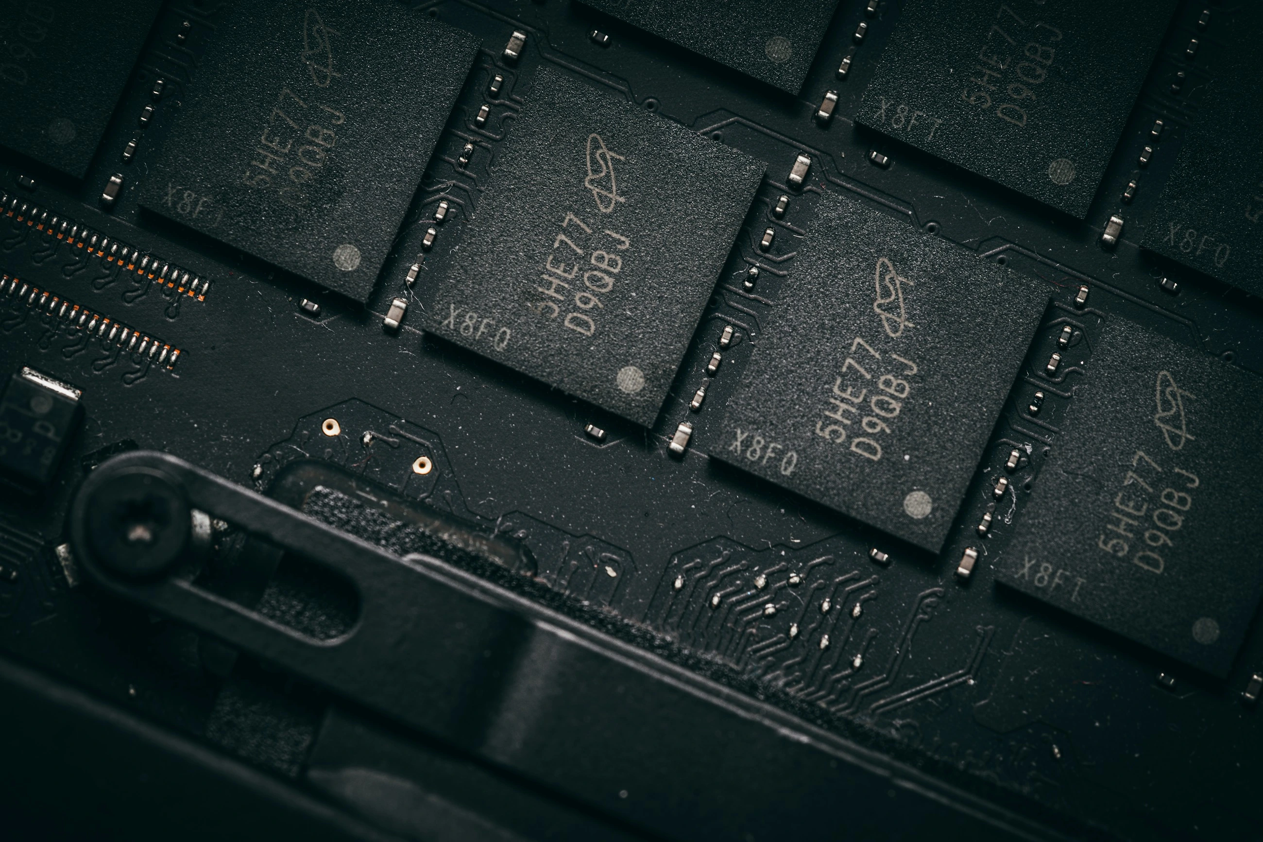 A close-up of memory chips and their interconnections.