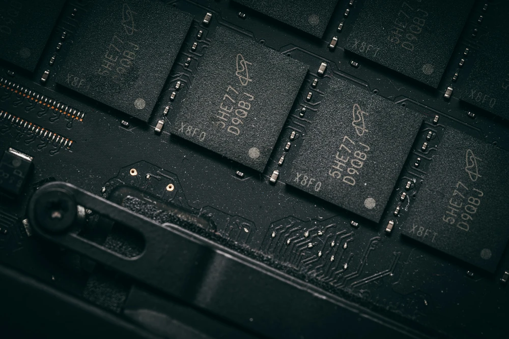 A close-up of memory chips and their interconnections.