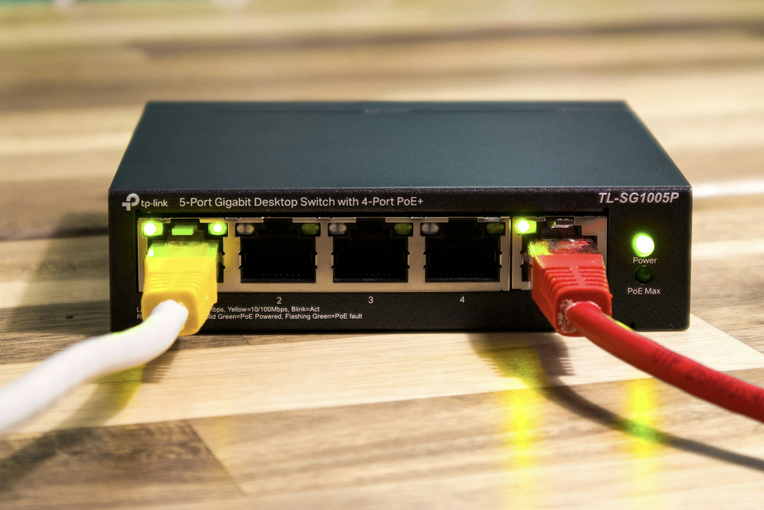 A network switch distributes connections across different ports.