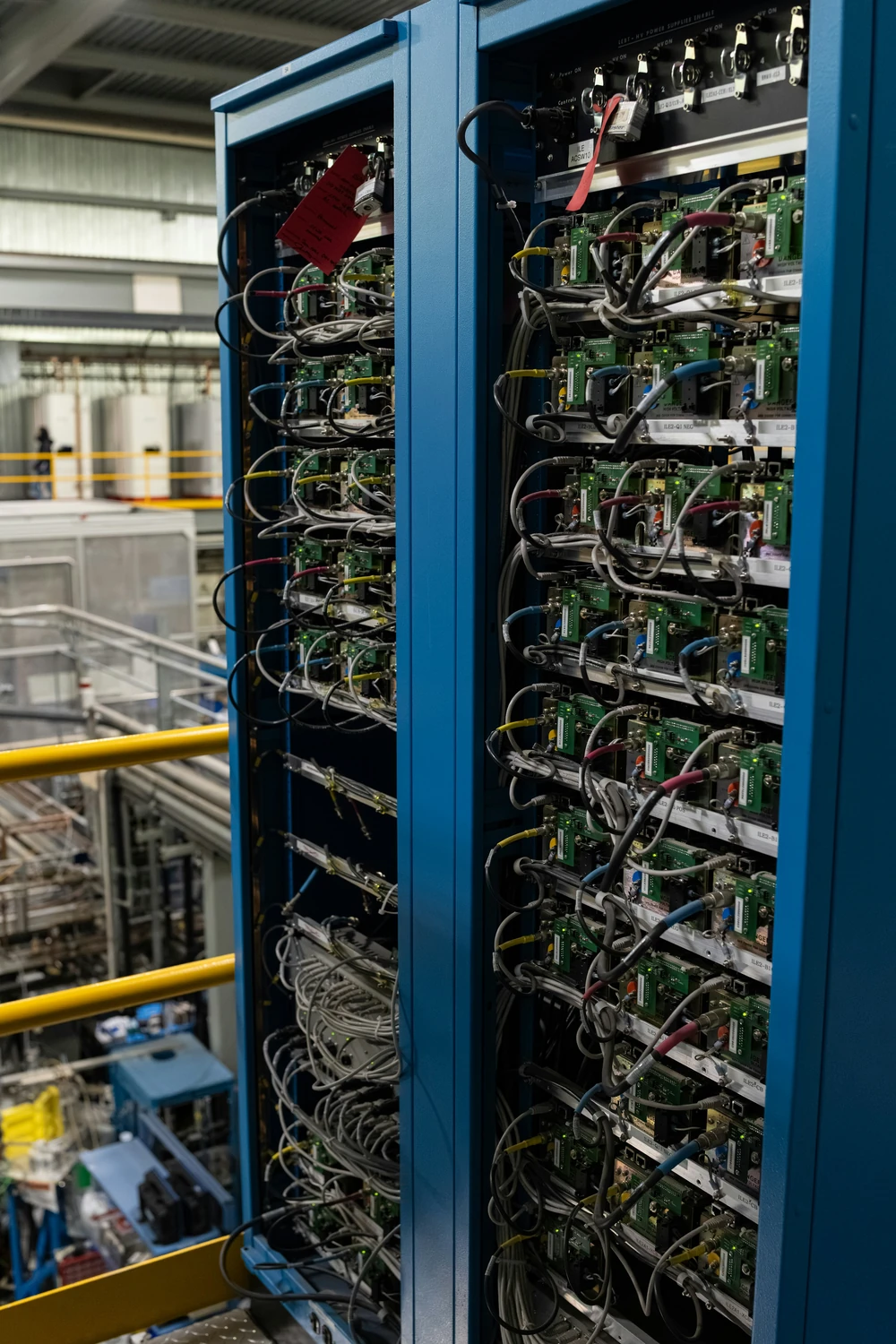 Computing equipment and cabling in open server racks.