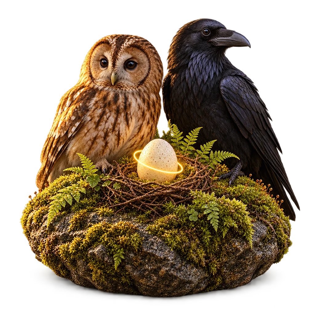 An owl and a crow together by the ‘AITJE’ egg, amongst ferns and moss