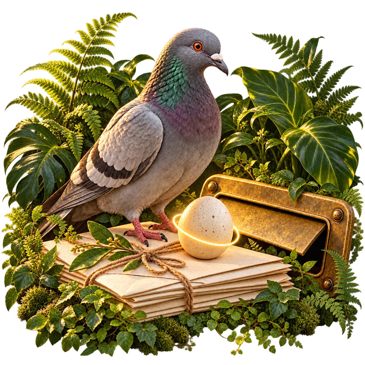 A carrier pigeon amongst ferns, jungle leaves and moss, perched on a pile of envelopes next to a copper letterbox flap and the glowing ‘AITJE’ egg
