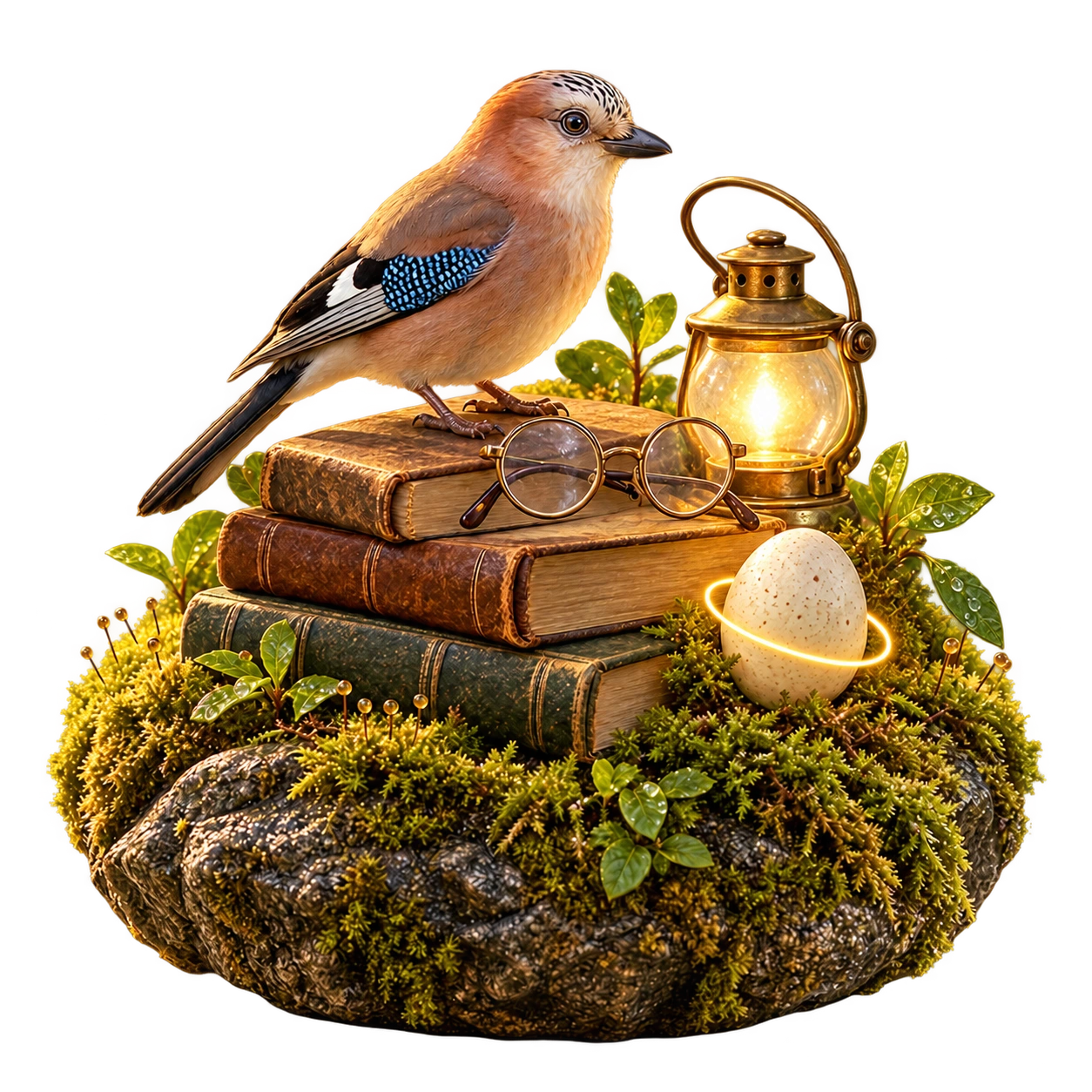 A Eurasian jay perched on a pile of old books, wearing reading glasses and holding a lamp, next to the glowing ‘AITJE’ egg