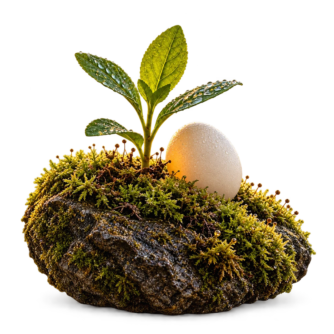 A growing plant and an egg in the Dutch landscape in the morning light