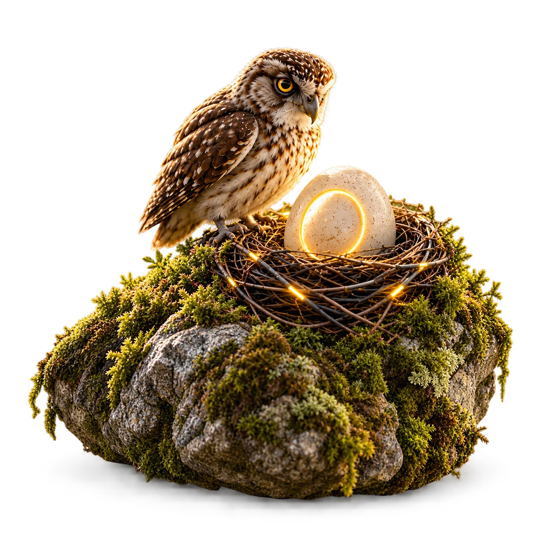 Een uil onderzoekt zijn omgeving naast het gloeiende AITJE-ei in een nest op een mossige rots
