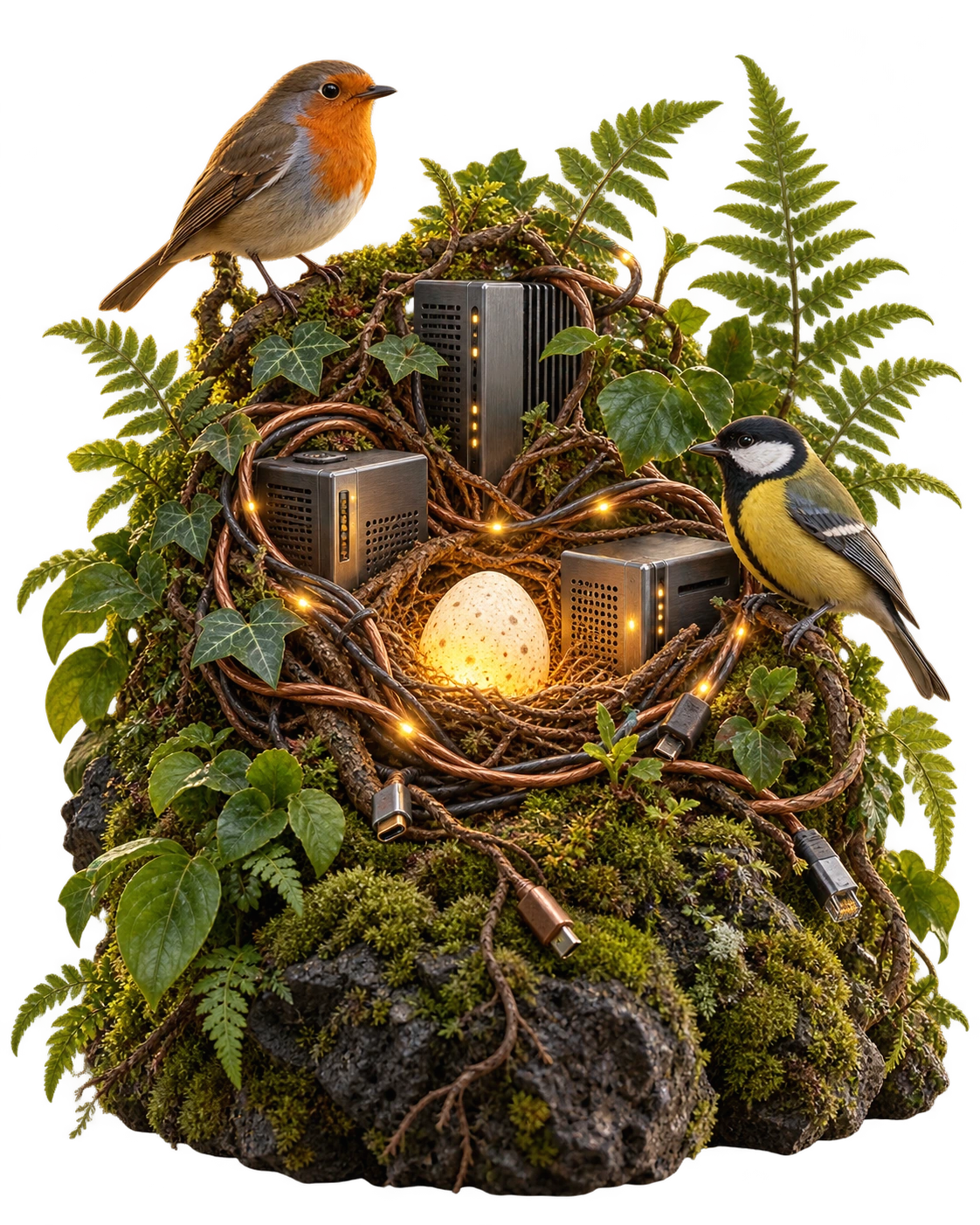Two birds in a nest where plant roots, cables and AI hardware are all tangled together